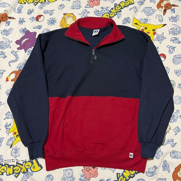 Vintage 90s Russell Athletic Navy/Red 1/4 Zip Sweatshirt - Picture 1 of 4